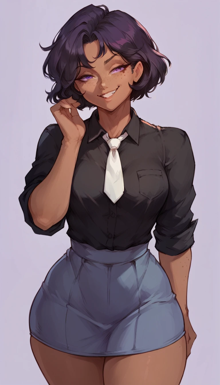 (solo) female , black short hair, woman, attractive,black shirt, white necktie, red bow, sleeves rolled up, skirt, thicc, freckles, freckles on face, smug eyes, (happy expression), she is standing look to the viewer , violet background, simple background, thick thighs (front view) (dark skin)
