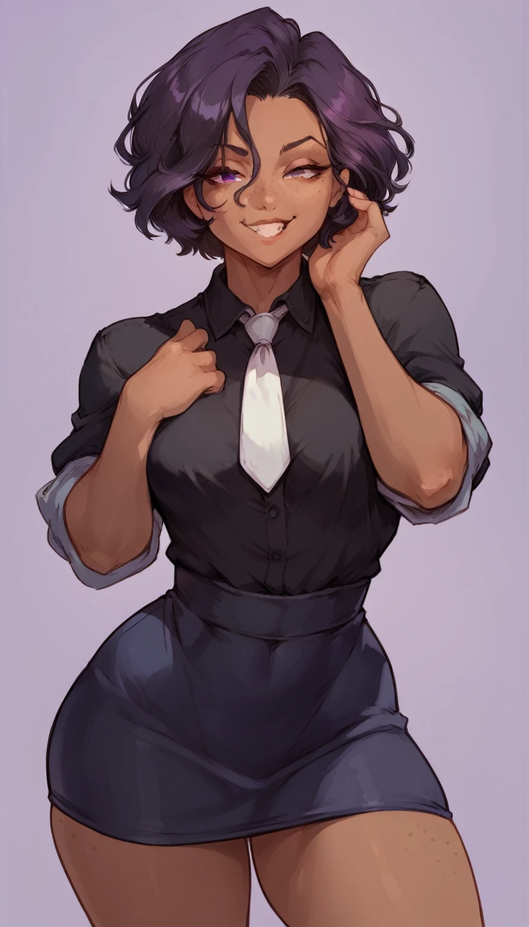 (solo) female , black short hair, woman, attractive,black shirt, white necktie, red bow, sleeves rolled up, skirt, thicc, freckles, freckles on face, smug eyes, (happy expression), she is standing look to the viewer , violet background, simple background, thick thighs  (front view)  (dark skin)