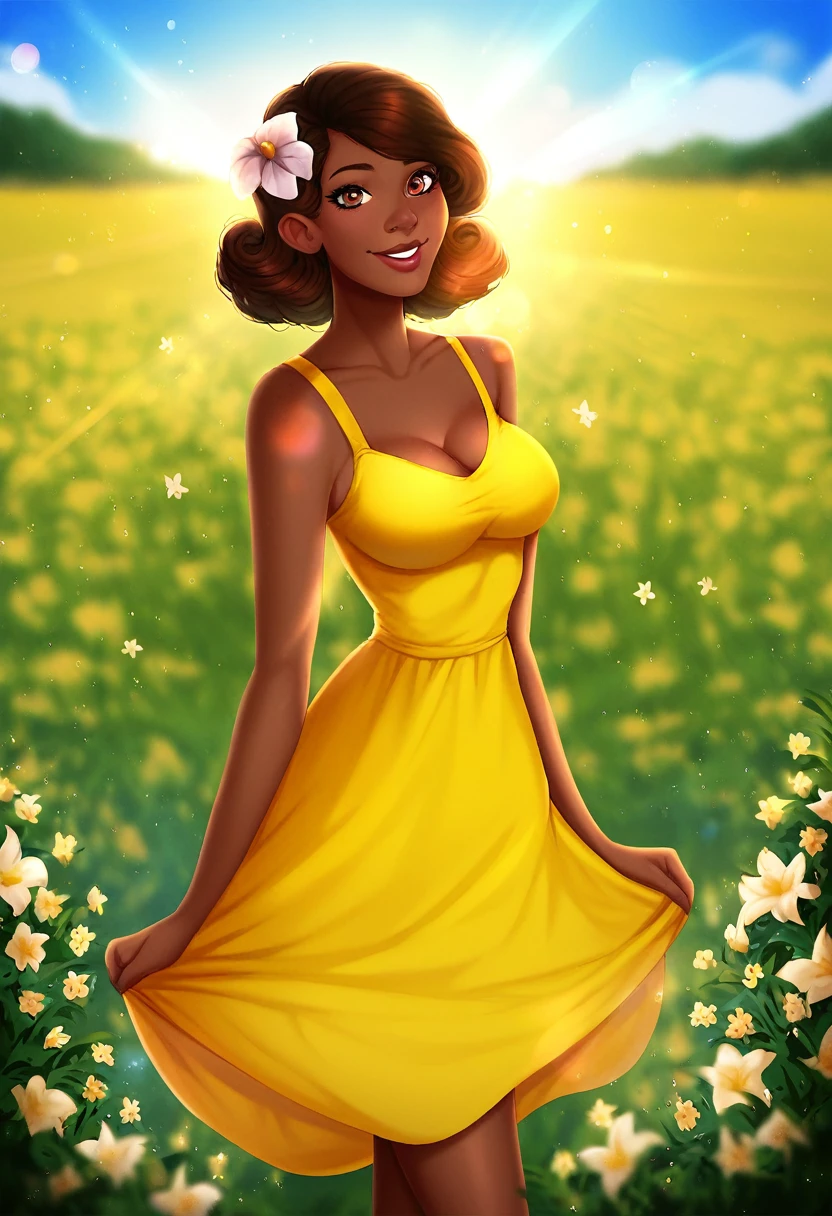 score_9, score_8_up, score_7_up, BREAK 1girl, solo,  courtneytd, dark skin, yellow dress, sundress, flower field, outdoors, depth of field, light particles, lens flare, excited, looking at viewer, breasts,