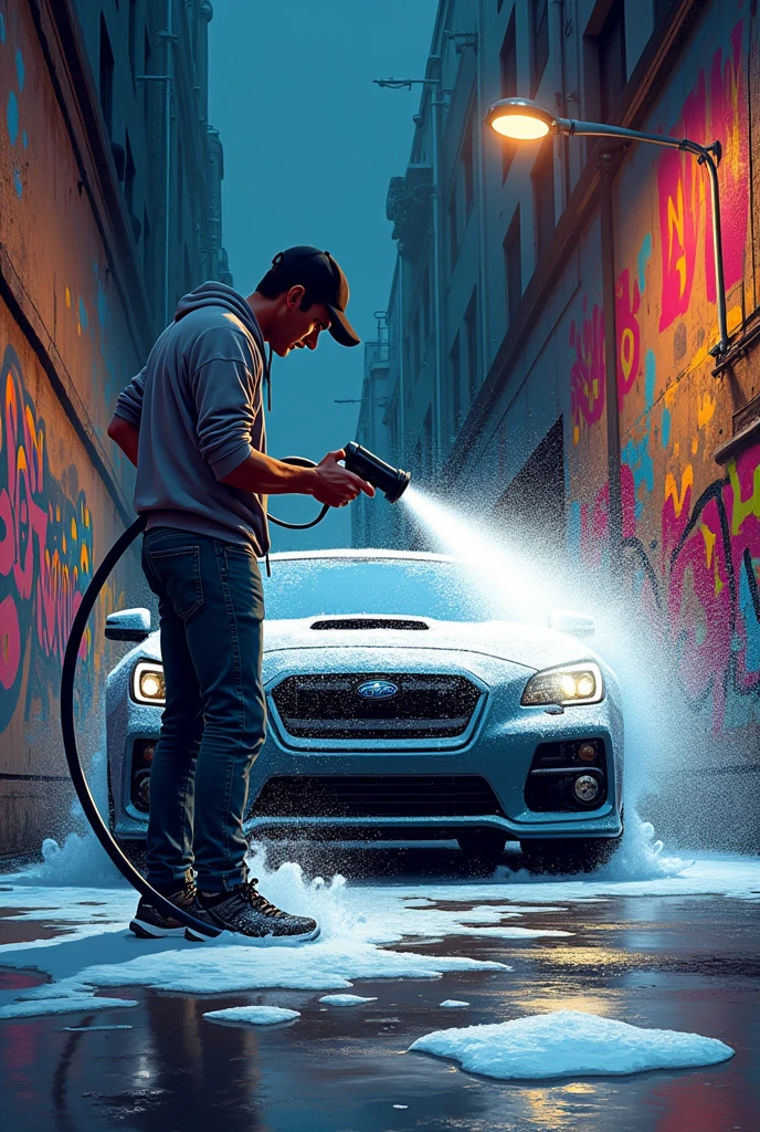 A graffiti style drawing of a man washing a car with snow foam