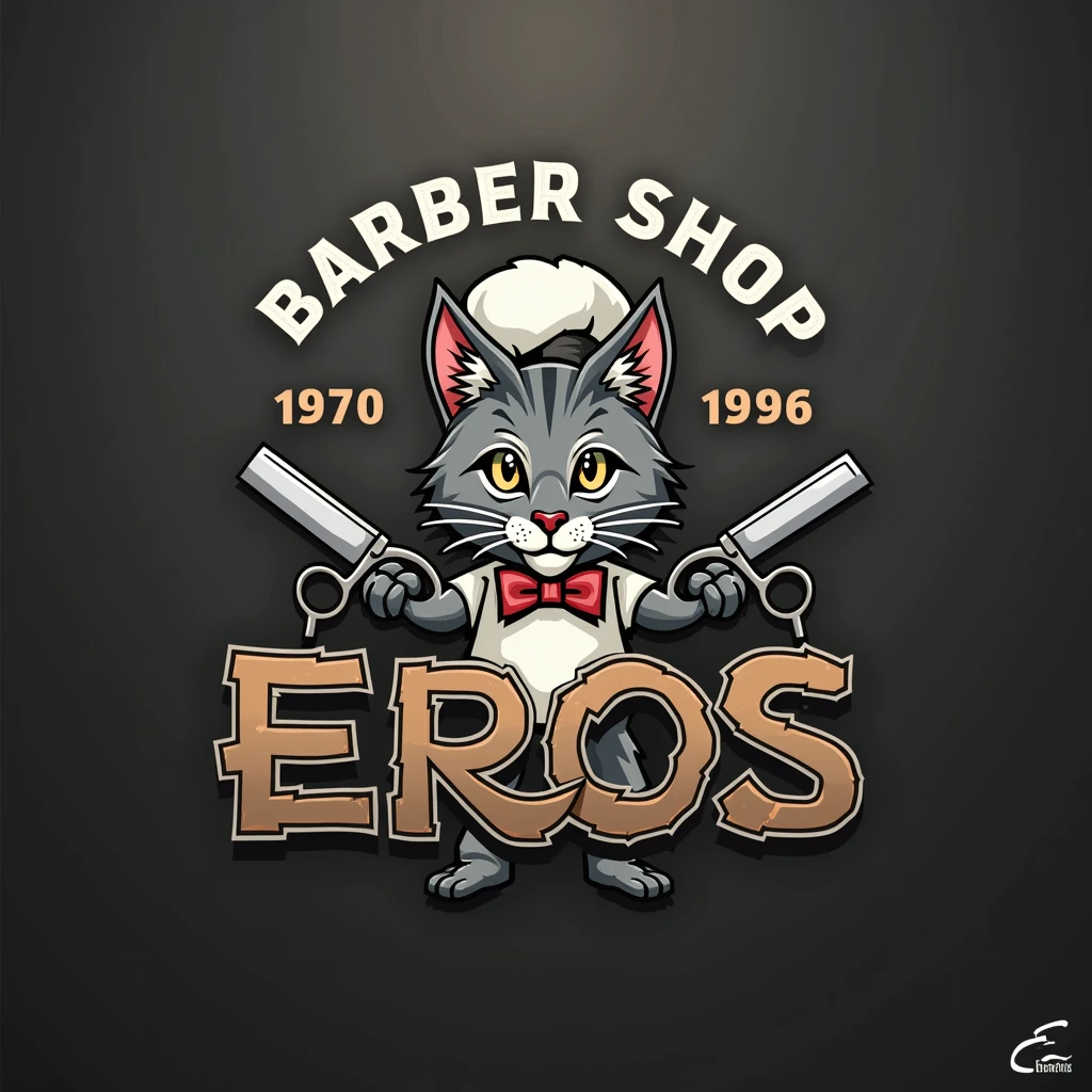 Logo for a barbershop that says Eros barber shop with urban style letters that has a gray tabby cat with hair cutting scissors and beard razors