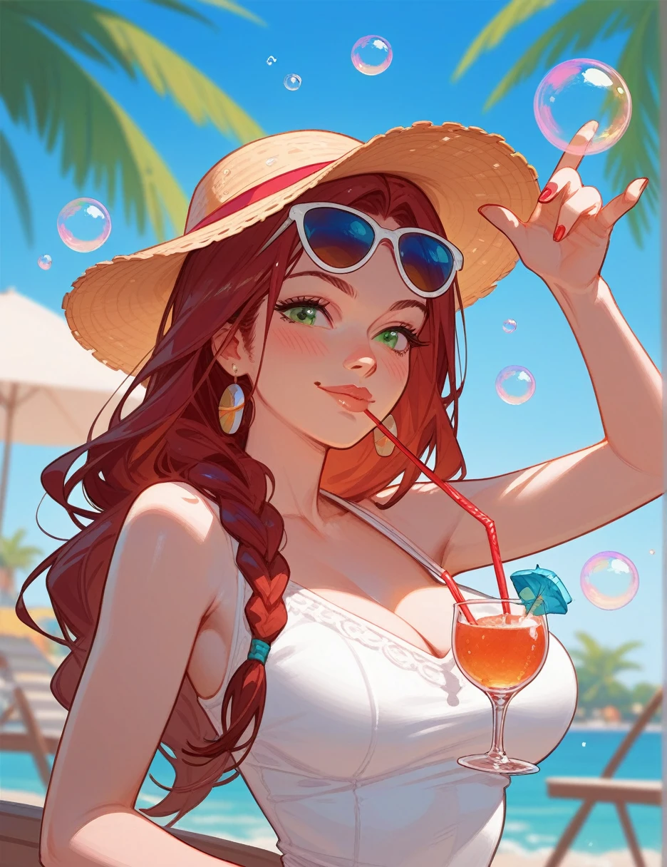 score_9_up,score_8_up, 1girl, solo, green eyes, burgundy hair, braid, long hair, ((blush)), closed mouth, smile, big breast, pose, (thin girl:1.2), (bubbles), ((entertainment park)), sunglasses, (glass with a straw), lips