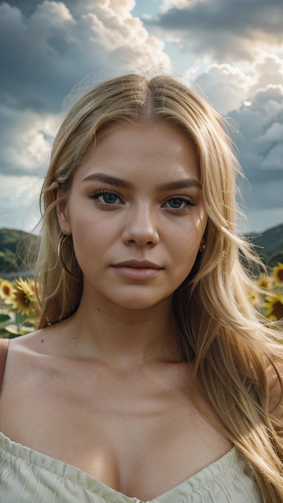 Portrait of a female with Colombian ethnicities, 25 years old, round face shape, green eye color, blonde hair color, Blooming sunflower against stormy sky backgrounds, straight hair style, heavy makeup, like as an actress Judi Dench[0.15]. Please ensure the image has a professional photography look, with attention to composition, lighting, and detail.