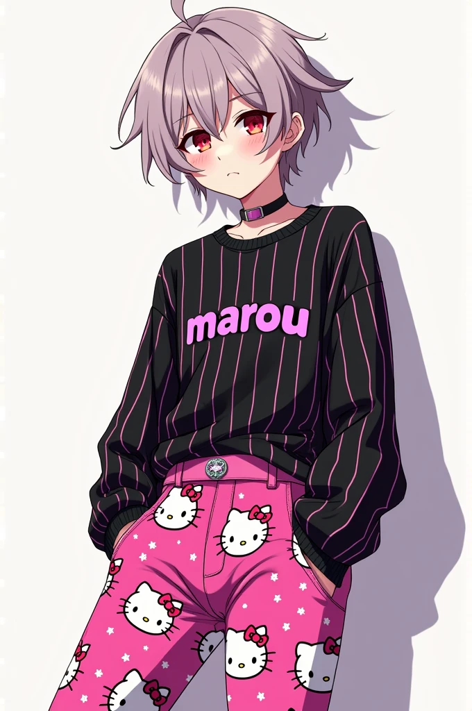 Create an anime version of a boy with pink Hellokity pants, red eyes and a black striped blouse with marou