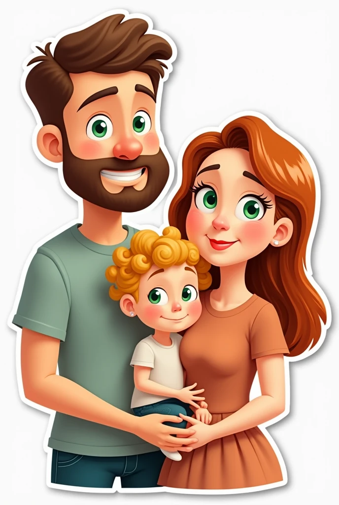 A family, A white man, Cao Cao, almost bald, brown beard, greeneyes, next to a white woman de greeneyes com o cabelo castanho-acobreado, straight and without bangs parted in the middle, next to a white woman, greeneyes, curly and blonde hair, illustration style, sticker