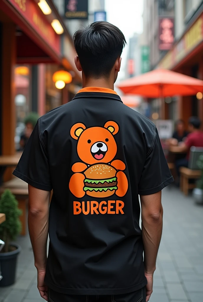 Design a creative urban uniform for my burger restaurant called 402 BURGER in black and orange color, with the head of a happy bear enjoying the happy burger printed on the back of the shirt enjoying a happy burger and on the front our logo 402 BURGER