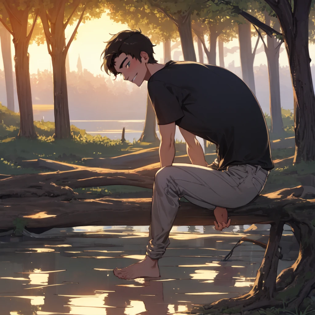 Percy Jackson, a young demigod around , is sitting on a tree stump by a calm lake at sunset. He has dark hair and sea-green eyes, wearing an orange Camp Half-Blood t-shirt and worn-out jeans. Percy is slightly leaning forward with a confident smile on his face, gesturing with his hands as if he's telling an exciting story to someone sitting next to him. The surrounding scene is serene, with tall trees and the soft light of the setting sun reflecting on the lake, creating a magical and peaceful atmosphere.