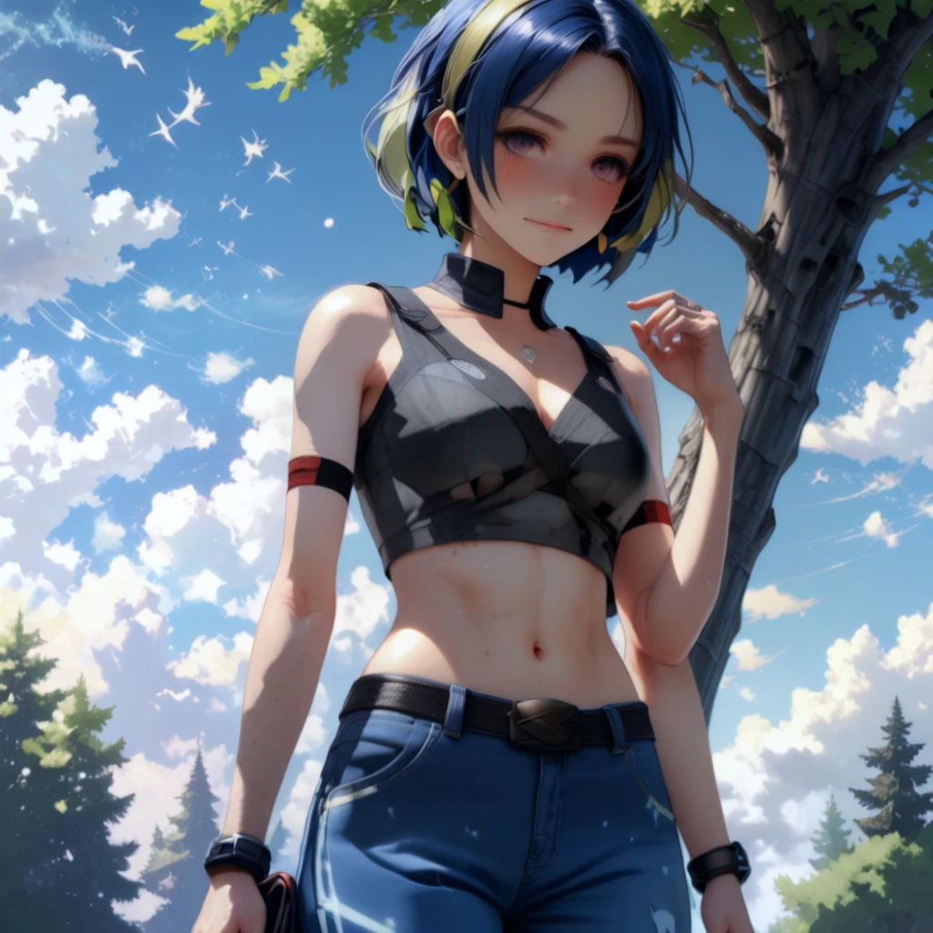 "Young Woman""White Pale Skin""Short Hair""blue hair color""Black Shirt""Brown Threadbare Cross-laced Tanktop""Matching Armbands""Purple and Brown Striped Pants""Blue Cloud Tattoo on Right Hand and Stomach" Setting: "Sitting on Edge of Cliff""Looking at Horizon and Clouds""Green Forest in the Background" Art Style: "Realism Style""Cinematic""High Resolution""3D Render"