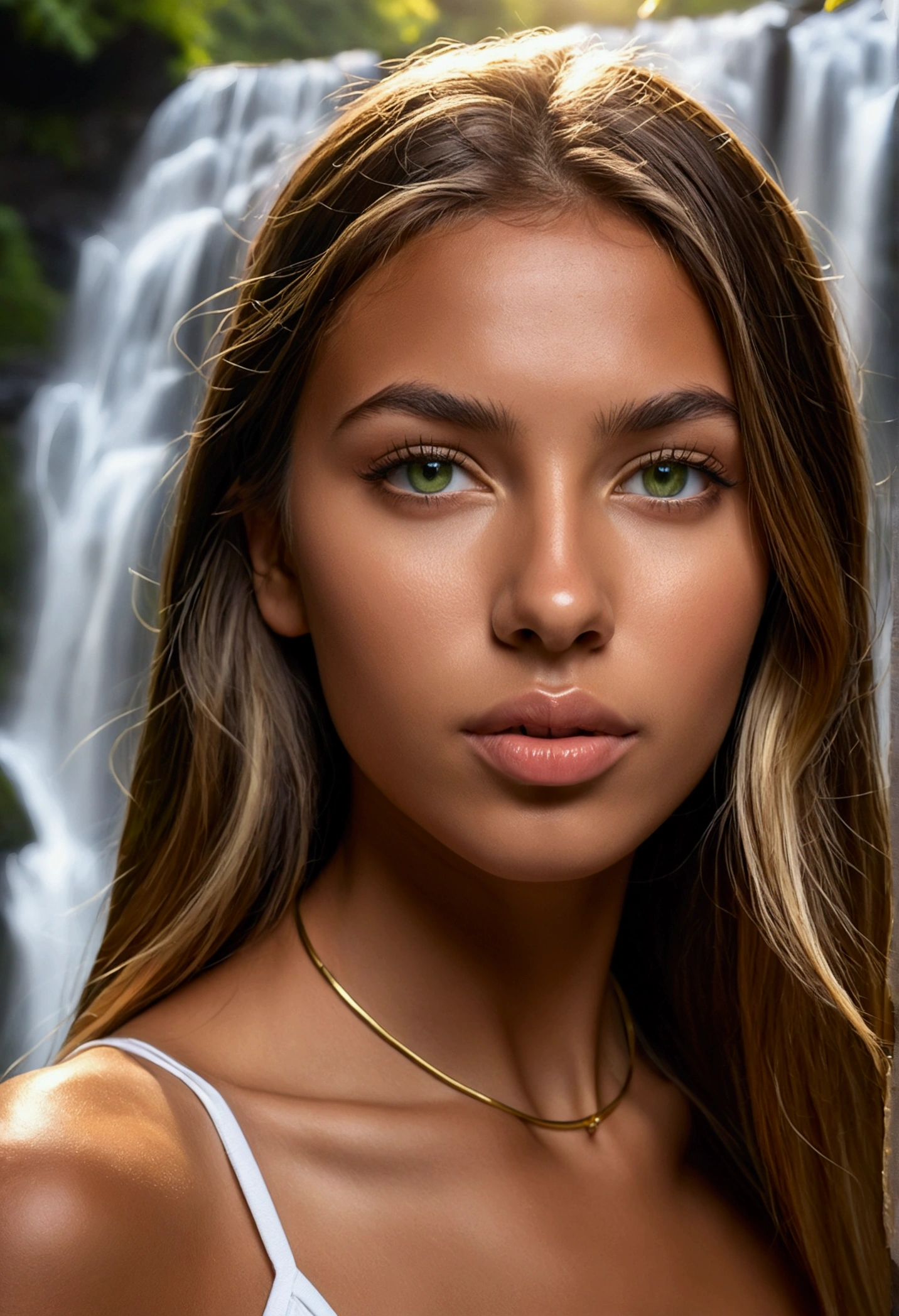 Young tanned mixed skin female perfection, 25 ans, full glossy lips, straight brown hair with blonde highlights, natural green eyes, hyper realistic, raw photography, canon eos r5, girlfriend, background is a waterfall, gold lighting
