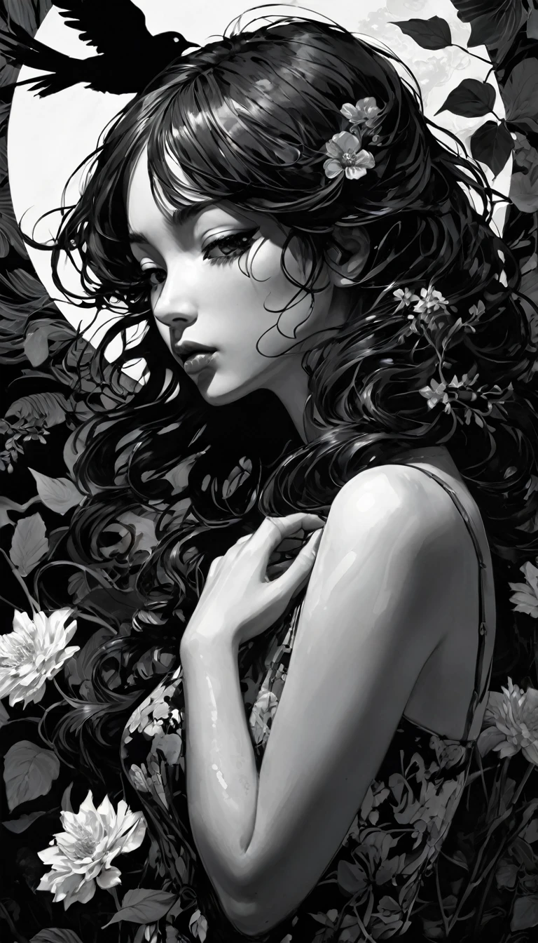 masterpiece, illustration, anime, 1girl, sexy, floral, cloud, bird, flow, hair over eyes, hair over one eye, (((ultra detailed))), ????????, kawaii, eroticism, sexy, black and white image, between shadows, oil painting, chiaroscuro, sensual, dramatic lighting, moody atmosphere, photorealistic, intricate details, masterpiece, ultra-detailed, high quality, 8k, best quality, realistic, cinematic, dark and brooding, expressionistic, powerful composition, emotional impact, art inspired by Bill Sienkiewicz and Dave Mckean