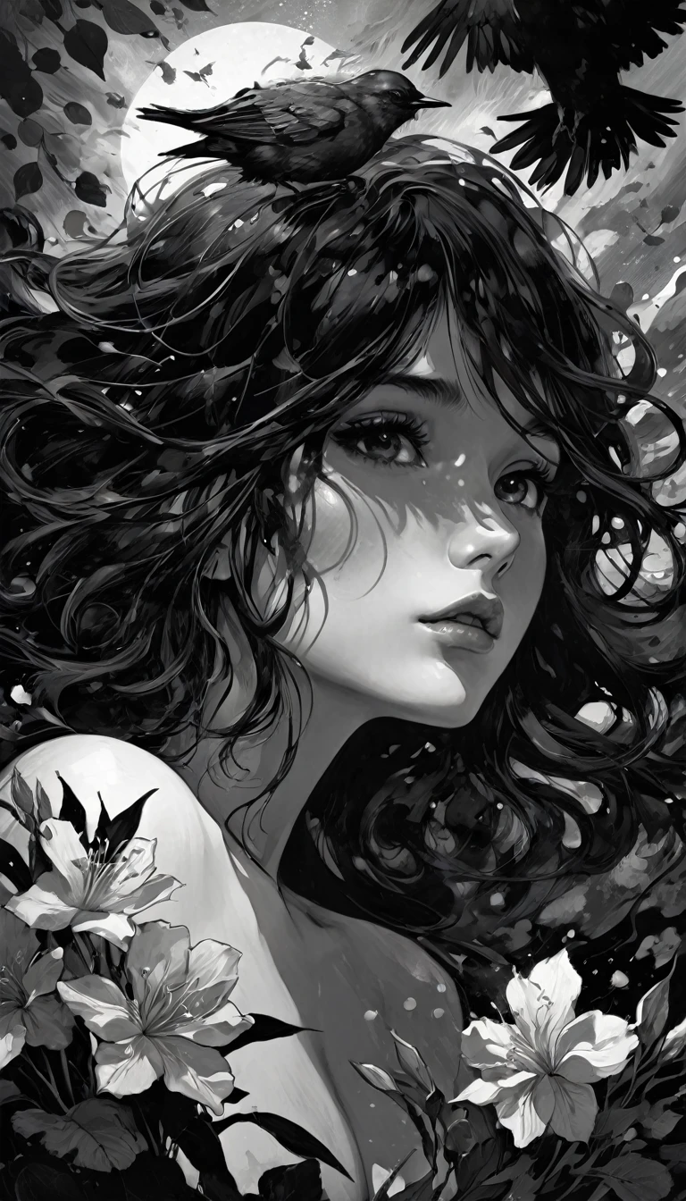 masterpiece, illustration, anime, 1girl, sexy, floral, cloud, bird, flow, hair over eyes, hair over one eye, (((ultra detailed))), softcore, kawaii, eroticism, sexy, black and white image, between shadows, oil painting, chiaroscuro, sensual, dramatic lighting, moody atmosphere, photorealistic, intricate details, masterpiece, ultra-detailed, high quality, 8k, best quality, realistic, cinematic, dark and brooding, expressionistic, powerful composition, emotional impact, art inspired by Bill Sienkiewicz and Dave Mckean
