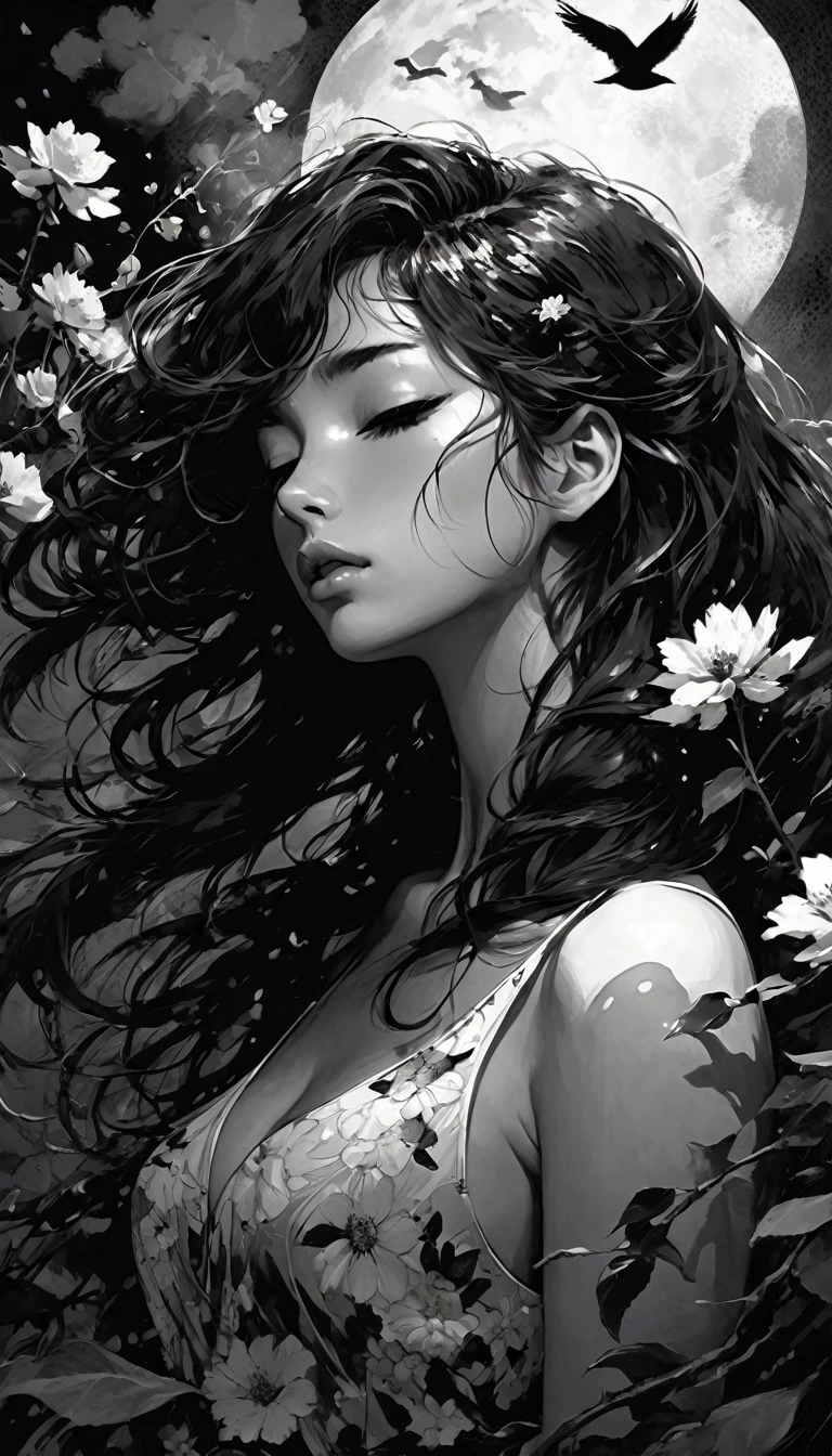 masterpiece, illustration, anime, 1girl, sexy, floral, cloud, bird, flow, hair over eyes, hair over one eye, (((ultra detailed))), softcore, kawaii, eroticism, sexy, black and white image, between shadows, oil painting, chiaroscuro, sensual, dramatic lighting, moody atmosphere, photorealistic, intricate details, masterpiece, ultra-detailed, high quality, 8k, best quality, realistic, cinematic, dark and brooding, expressionistic, powerful composition, emotional impact, art inspired by Bill Sienkiewicz and Dave Mckean
