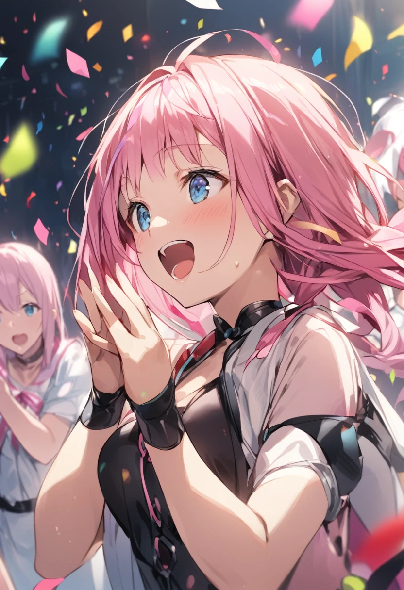 great joy、Banzai、Joy、Confetti、Girl with pink hair、blue eyes、Twin Drill、A scene from a movie