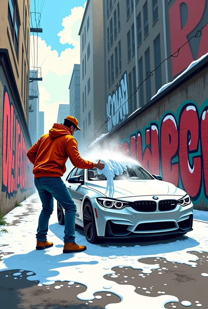 A graffiti style drawing of a man washing a car with snow foam