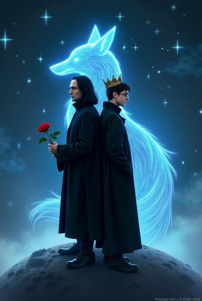 Severus Snape, head of the Slytherin house, should be in the picture, standing with his back to him with a red rose in his hand, Harry Potter&#39;s -yeld seleaning back to back, in glasses with a crown on his head. In the background is a blue glowing fox similar to patron charms, outer space, shooting stars, smaller planets and the two characters should stand on the same planet. The inscription THEY ARE ANONYMOUS should appear at the top of the image.