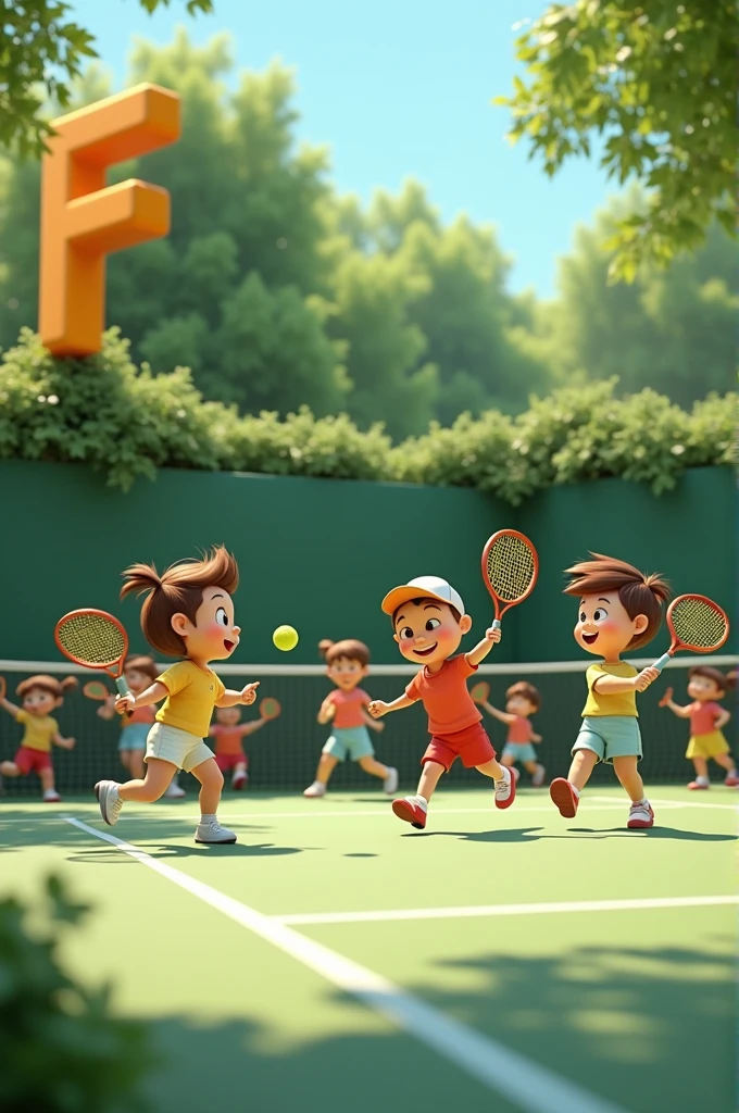 Children playing tennis and the letter F on one side
