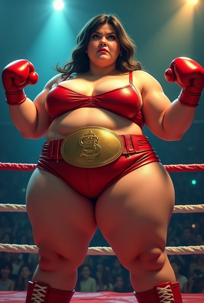 araffe woman in a bikini posing in a boxing ring, a digital rendering by Daryush Shokof, shutterstock, figuration libre, insanely inflated hips, very sweaty, sumo wrestler, in a boxing ring, sfw huge breasts, with a large breasts, thicc, covered sfw huge breasts, big breasts!!, big belt
