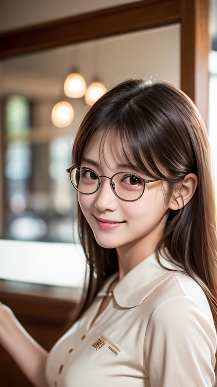 Dressed、(Photo realistic:1.4)、(Surreal:1.4)、(Real Stick:1.3)、 (Smooth lighting:1.05)、(Improve the quality of your video lighting:0.9)、32K ...、 One person、20 years old、Realistic lighting、Backlight、Facial Light、Ray-tracing、(Cheerfulness:1.2)、(Improved image quality:1.4)、 (Top quality real texture skins)、Finely grained、Detailed painted face、 (Fatigue, sleep, satisfaction:0.0)、Close-up shot of face、school uniform:1.3、Korean Idol、Nogizaka Idol、Gravure idol pose (Improve your body line mood:1.1)、Glowing Skin、Korean Idol、Nogizaka Idol、Gravure idol pose、Selfie、freckles、Small breasts、Round Glasses、Inside the cafe