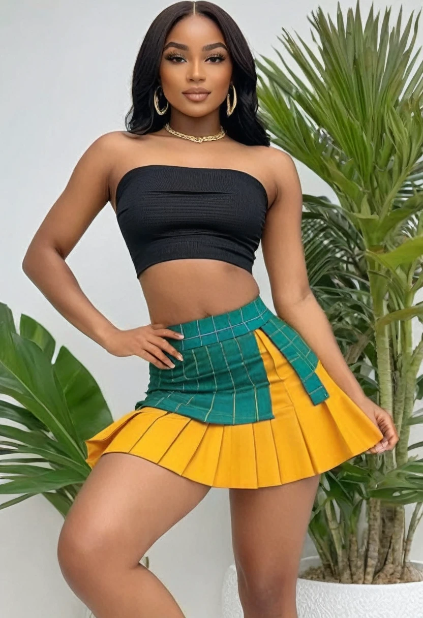 (best high quality:1.5), obra de arte, (8k), extremely detailed, (High details:1.4), Solo, Angolan female with 24 years old, (crop top, micro-skirt),