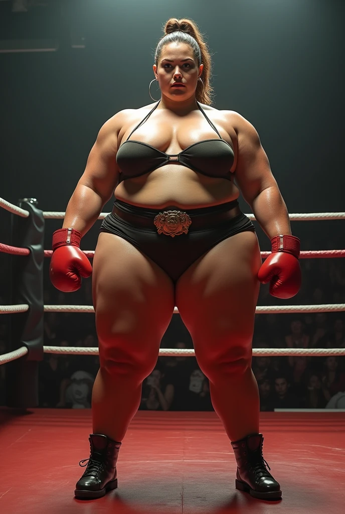 araffe woman in a bikini posing in a boxing ring, insanely inflated hips, very sweaty, sumo wrestler, in a boxing ring, sfw huge breasts, with a large breasts, thicc, covered sfw huge breasts, big belt, big breasts!!, the body of ronda rousey, muscular ultraviolent woman, with large breasts, big breasts!, beautiful thick female