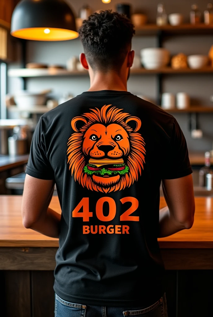 Design a creative urban uniform for my burger restaurant called 402 BURGER in black and orange color, with the head of a happy lion enjoying the happy burger printed on the back of the shirt enjoying a happy burger and on the front our logo 402 BURGER