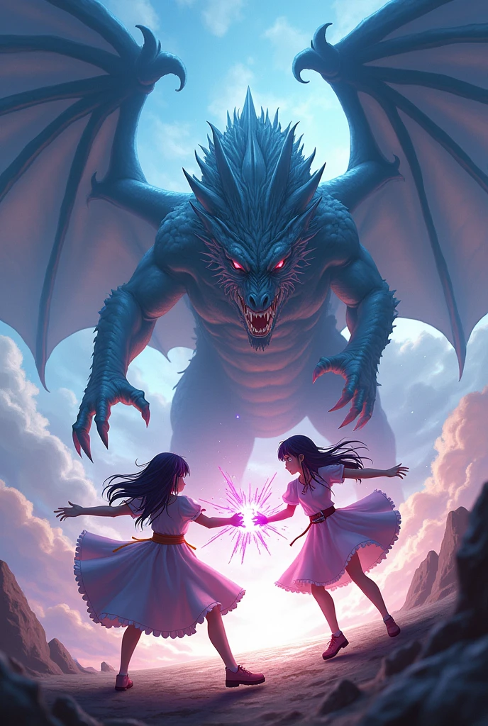 2 anime girls fighting against a dragon