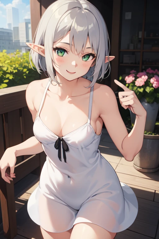 (High definition) (masterpiece) 1 girl, elf, body, cute face, young, slender, perfect waistline, perfect legs, small breasts, in cute sundress, nice cleavage, cute green eyes, medium sized silver hair, smiling, sexy pose