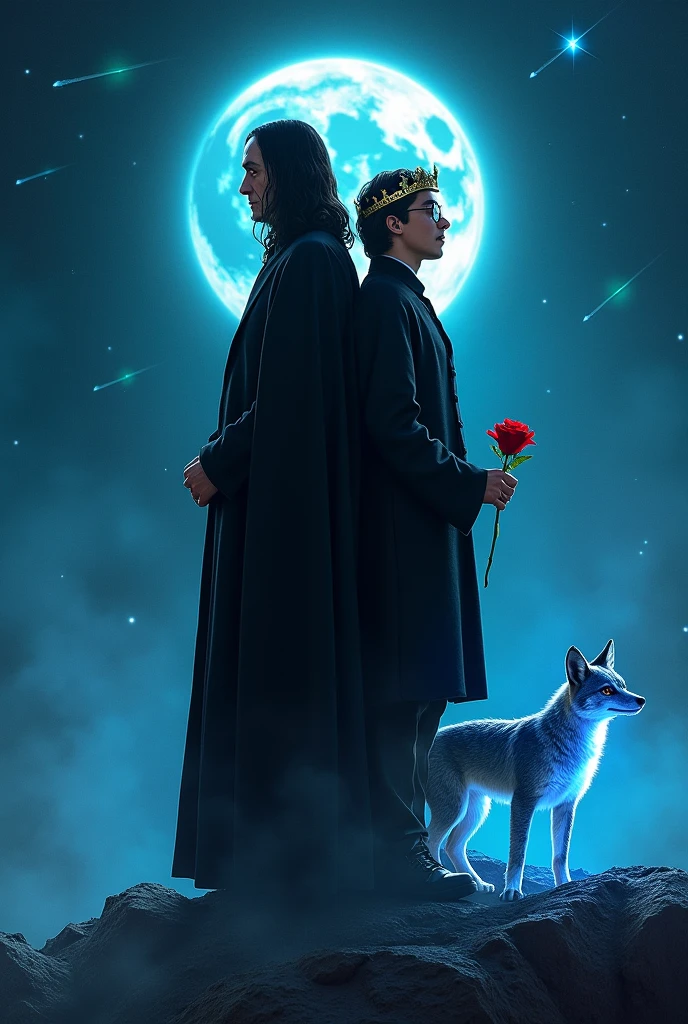 Severus Snape, head of the Slytherin house, should be in the picture, standing with his back to him with a red rose in his hand, Harry Potter&#39;s 17-year-old self leaning back to back, in glasses with a crown on his head. In the background is a blue glowing fox similar to patron charms, outer space, shooting stars, smaller planets and the two characters should stand on the same planet. The inscription THEY ARE ANONYMOUS should appear at the top of the image.