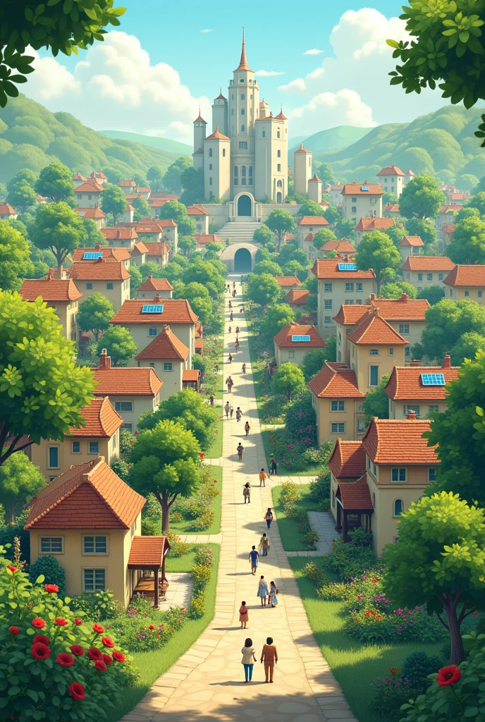 Create an image of my perfect city according to this description:
The perfect city must be an environmentally friendly space where eco-neighborhoods are the protagonists. In this city, Houses and buildings are equipped with solar panels and a rainwater collection system. The neighborhoods are also full of trees that provide fruit and shade to residents..
As for the means of transport, Citizens travel in vehicles that run on renewable energy in order to reduce pollution.
In addition, It is necessary that it be a city with supportive people, warm, willing and ready to help others. It is also essential to include laws for the protection of animals..
It would also be nice if the infrastructure and style of the houses were harmonious., with pastel colors and large gardens with trees and flowers.