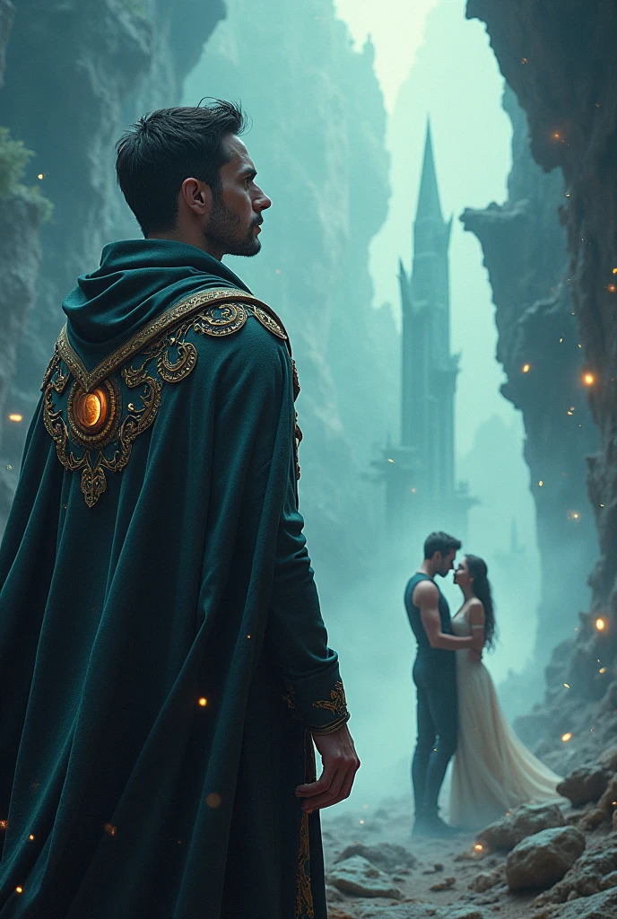Man sad, wearing a shiny, magical cape, in a world of magic, watching two men in love