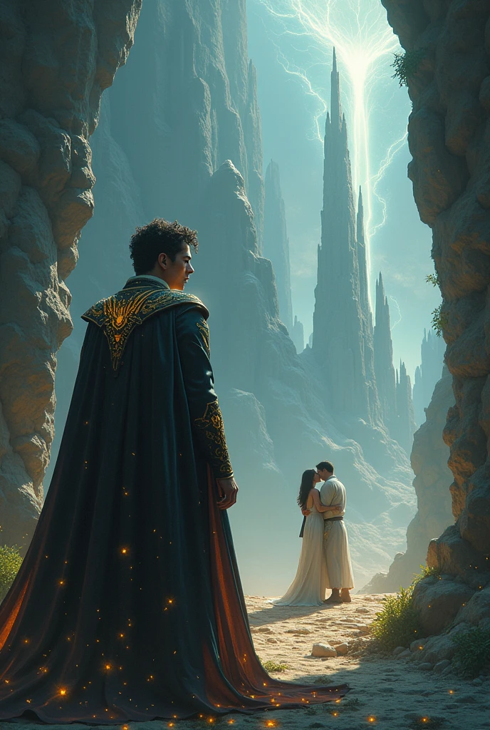 Man sad, wearing a shiny, magical cape, in a world of magic, watching two men in love