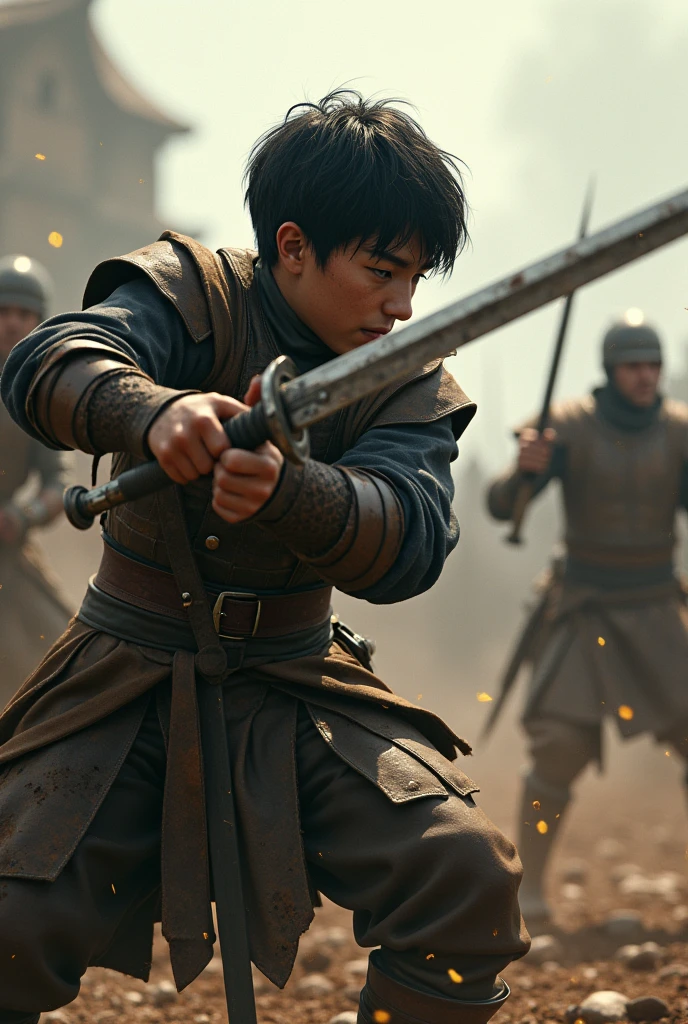 18 year old boy with short black hair wearing a medieval costume covered in mud in the middle of a battle while stabbing an enemy with a sword