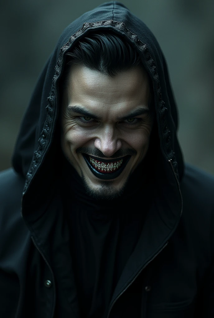 Make a man in dark themed dark clothing smiling with his shiny diamond teeth