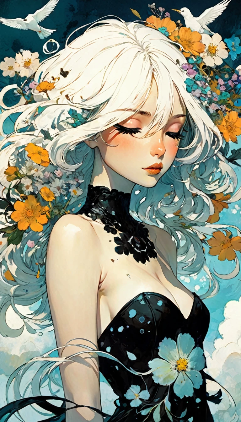 masterpiece, illustration, anime, 1girl, sexy, floral, cloud, bird, flow, hair over eyes, hair over one eye, (((ultra detailed))), softcore, kawaii, art inspired by Bill Sienkiewicz and Dave Mckean