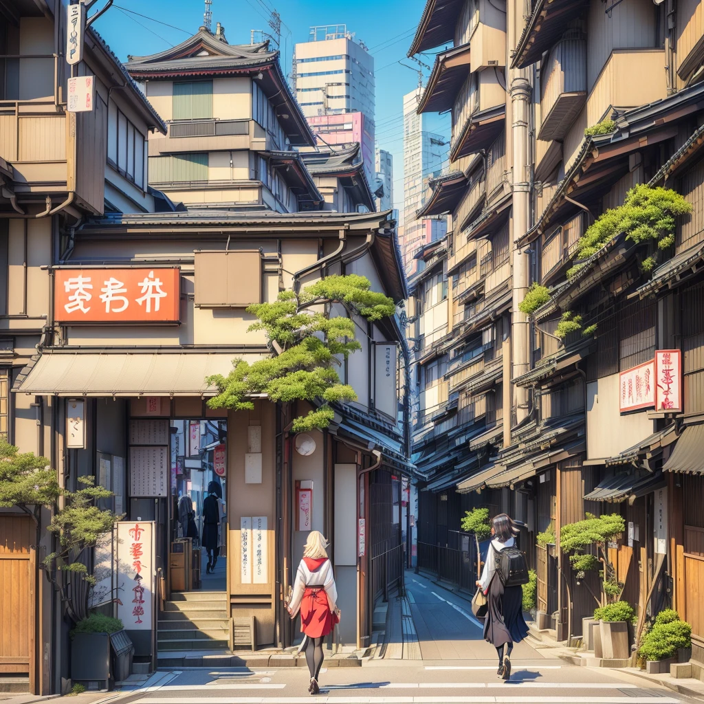 a woman is walking down a city street, Japanese street, Japanese city center, Japanese quarter, Japanese city, Tokyo – старинный город, улица Tokyo background, Japanese city, улица Tokyo cityscape, улица Tokyo, Cyberpunk Streets of Japan, на улицах Tokyo, Tokyo переулок, Tokyo, Anime scene, The aesthetics of traveling in Japan, in a улица Tokyo, Tokyo, Japan