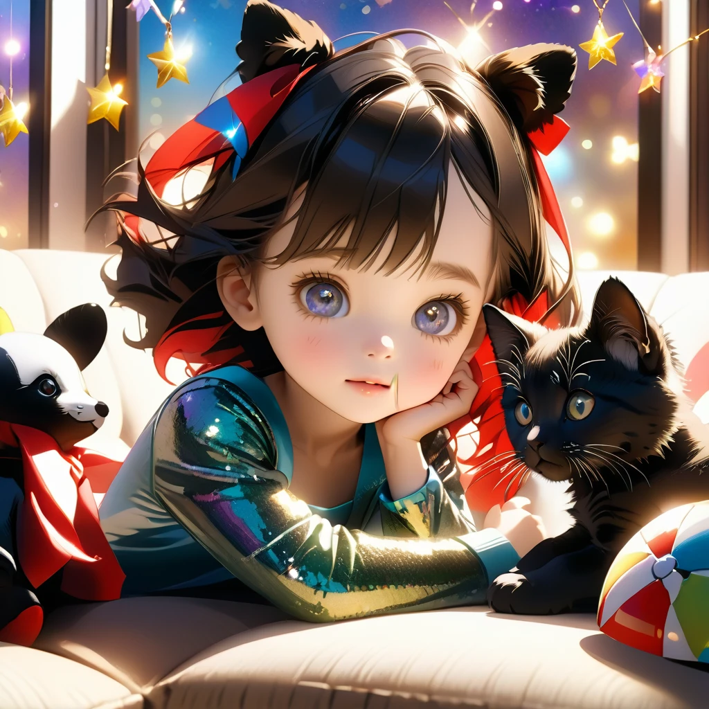 A unparalleled 6-year-old girl holds a stuffed animal, Sit in a room full of toys, cabelos preto e longos, cheerfulness, Rejoice, Perfect quality, Clear focus（Clutter - home：0.8）, （insane tmasterpiece：1.2） （insane realisticlying：1.2） （Bokeh） （insane best qualtiy） （detailedskin：1.3） （complexdetails） （32K） （detailedeyes） （insane Sharp focus）, （having fun）closeup cleavage, Luminism, cinematic lighting, wide shot, retina, textured skin, anatomically correct, best quality, award winning, ambient light, cinematic, highly detailed, professional complimentary colors, romantic, beautiful, lovely, breathtaking --v 6 --s 1000 --c 20 --q 500 --chaos 100