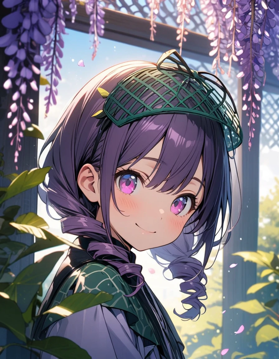 1 girl,solo,16yo,amazing quality, aesthetic, aesthetic,ultra-detailed face,detailed eyes,round eyes, tareme,pink eyes,BREAK,Green fascinator,Purple wisteria pattern Green Lolita fashion,BREAK,Purple Hair,drill hair,depth of field,wisteria trellis,blue sky,(petals:1.3),masterpiece,8K,top quality, highly detailed illustration,smile,rim light