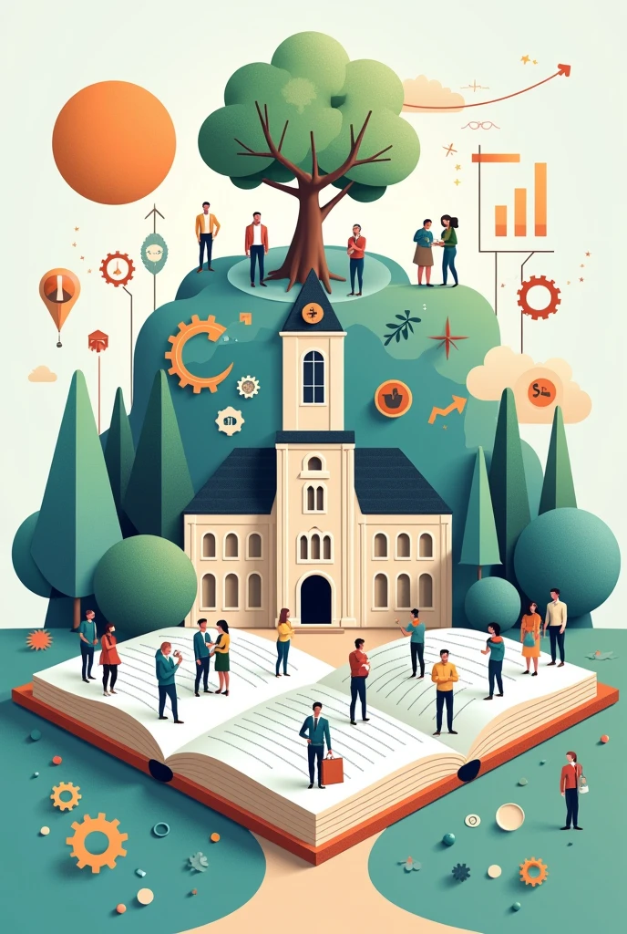 Prompt: A comprehensive illustration representing "Socially Relevant Research" in a university context. The image should feature a university building at the center, symbolizing the academic institution. Connected to the building are various icons and figures representing external stakeholders, such as community leaders, businesses, and environmental organizations, symbolizing collaboration and social responsibility. Surrounding these connections are elements like a tree growing from the ground (representing environmental sustainability), a group of people working together (symbolizing social impact), and gears or charts (indicating economic development). The background should include a book or document representing the creation and dissemination of knowledge under ethical guidelines. The style should be detailed yet clear, conveying the integration of scientific research with social, economic, and environmental development.