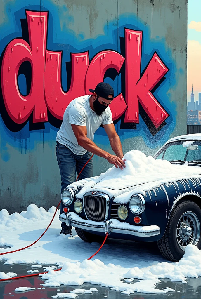 A graffiti style drawing of a man washing a car with snow foam and on the wall writing: duck