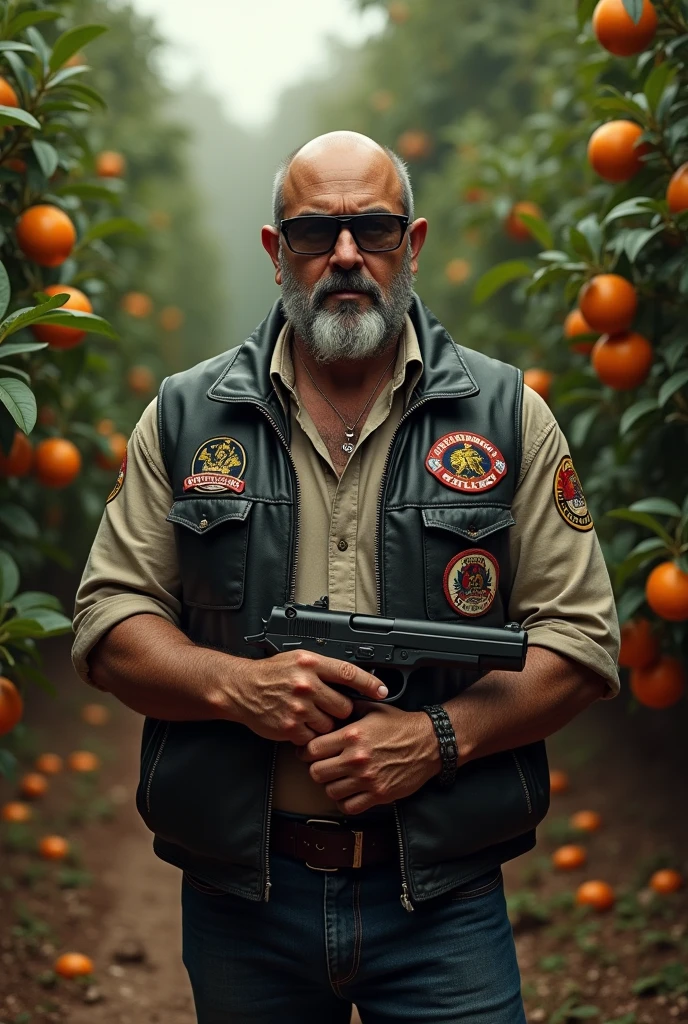Pablo Escobar bald with long beard tattoo on face glasses vest motorcycle club holding gun tangerine plantation