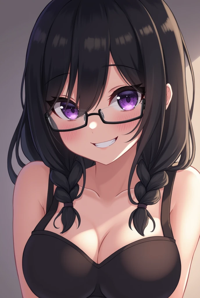 (One girl), (Black Hair:1.1), (Braiding:1.1), (Glasses), (Purple eyes), (smile), (Large Breasts), (Intricate iris detail), (Selfie), Armpit Hairs