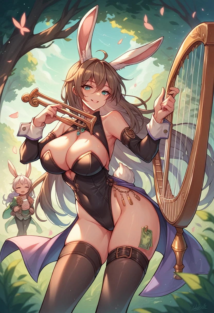 Alone rabbitfolk, fantasy race, large breasts, bard, slutty revealing prostitute outfit, rabbit ears, rabbit tail, musical instrument, wandering minstrel, slutty, harp, minstrel and prostitute, prostitute, seductive, playing harp,