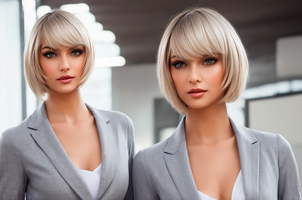 fulll body Best quality, Photorealistic, ultra detailed, finely detail, high resolution, 8k wallpaper, Raw color photo, professional, high level of detail, Beautiful woman, (pale skin), ((wearing slack, blazer jacket and white shirt)) Hotouch Basic Cotton Button Down Shirt Blue, (masterpiece), (full body), (blue eyes), realistic, happy face, (red lipstick), mouth wide open, ((short shoulder length hair), (white hair)), (small breast). pink sweater, gray scarf sharp focus, award winning photo, (Front to front), (Look at viewers), small light, low contrast, facial symmetry, depth of fields, (best quality,4k,8k,high resolution,masterpiece:1.2),ultra-detailed,(realistic,photorealistic,photorealistic:1. 37),portrait,formal attire,professional setting,confident expression,stylish haircut,office environment,modern office building,impressive architecture,elegant pose,female executive,high heels,bright and spacious office,sharp focus,women working together,polished look,neutral color palette,soft natural lighting,clean and minimalist design,important business meeting,intricate patterns on the suit,well-groomed hairstyle,desk with computer and paperwork,air of authority,successful and accomplished women, award winning photo, (Front to front), (Look at viewers), small light, low contrast, facial symmetry, depth of fields, cinematic background, center image, softly lit, (finely detailed skin), realistic skin texture, extreme skin details, (pores: 0.1), small bust with good shape