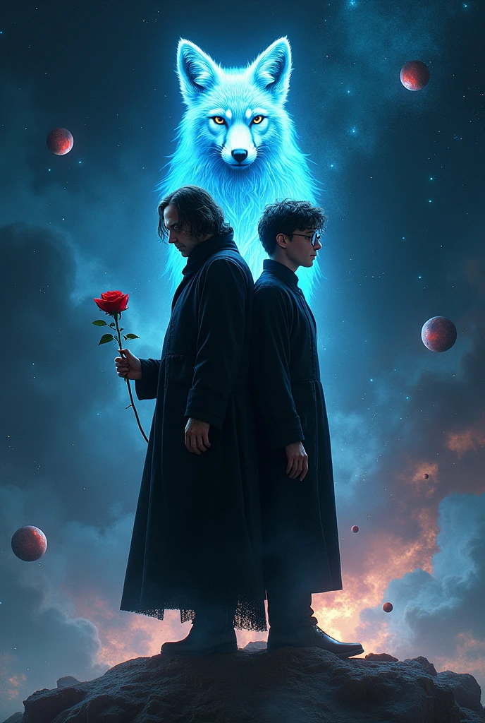 Severus Snape, head of the Slytherin house, should be in the picture, standing with his back to him with a red rose in his hand, Harry Potter's -yeld seleaning back to back, in glasses with a crown on his head. In the background is a blue glowing fox similar to patron charms, outer space, shooting stars, smaller planets and the two characters should stand on the same planet. The inscription THEY ARE ANONYMOUS should appear at the top of the image.