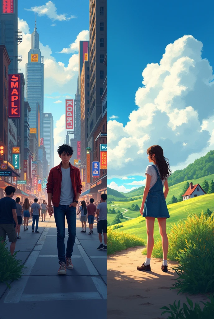Image of two agers on a split panel. The man is in the city and the woman is in the countryside.