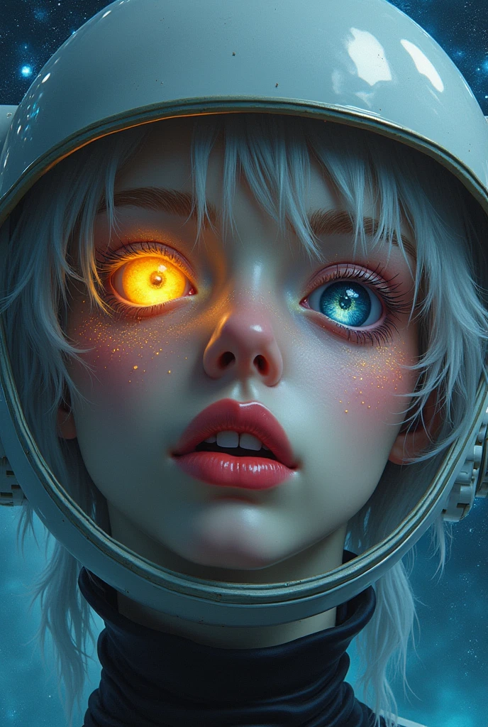 (Close-up of a better masterpiece:1.5)0.9], (Space and astronauts:1.2) (Messy silver hair:1.1) (Heterochromia xanthochromia and blue eyes:1.2) (Space Helmet:1.0) (Colored stars in the eyes:1.0) (A radiant glow:1.1) (thick lips:0.9)