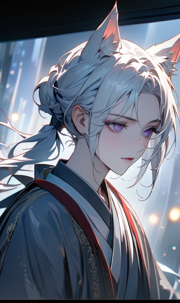 create tian guan ci fub style image 1 men with wolf-like ears, long white hair tied up with a delicate Appearance Asian-style hair Far away Tied 21 years old, pale skin, captivating purple eyes, soft youthful expression mature Wearing white traditional Chinese men's clothing hanfu, central composition, serene contemplative pose, neutral minimalist backdrop, gentle elegance and mysticism, blend of traditional Chinese and supernatural elements, detailed facial features, (best quality,4k,8k,highres,masterpiece:1.2),ultra-detailed,HDR,UHD,studio lighting,ultra-fine painting,sharp focus,physically-based rendering,extreme detail description,professional,vivid colors,bokeh,portraits,fantasy,ethereal,concept art, Do it holding a katana looking forward outdoors