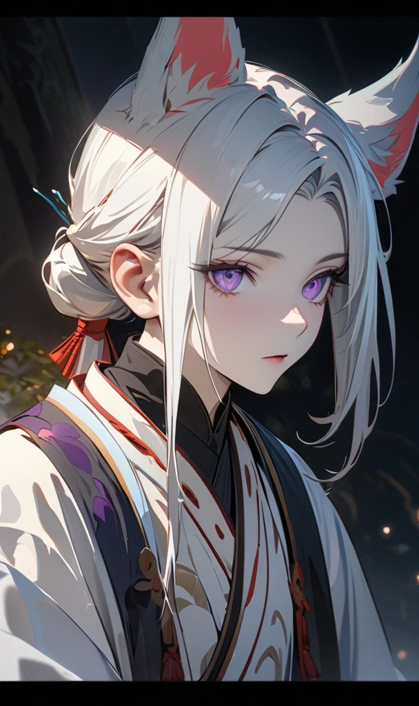 create tian guan ci fub style image 1 men with wolf-like ears, long white hair tied up with a delicate Appearance Asian-style hair Far away Tied 21 years old, pale skin, captivating purple eyes, soft youthful expression mature Wearing white traditional Chinese men's clothing hanfu, central composition, serene contemplative pose, neutral minimalist backdrop, gentle elegance and mysticism, blend of traditional Chinese and supernatural elements, detailed facial features, (best quality,4k,8k,highres,masterpiece:1.2),ultra-detailed,HDR,UHD,studio lighting,ultra-fine painting,sharp focus,physically-based rendering,extreme detail description,professional,vivid colors,bokeh,portraits,fantasy,ethereal,concept art, Do it holding a katana looking forward outdoors