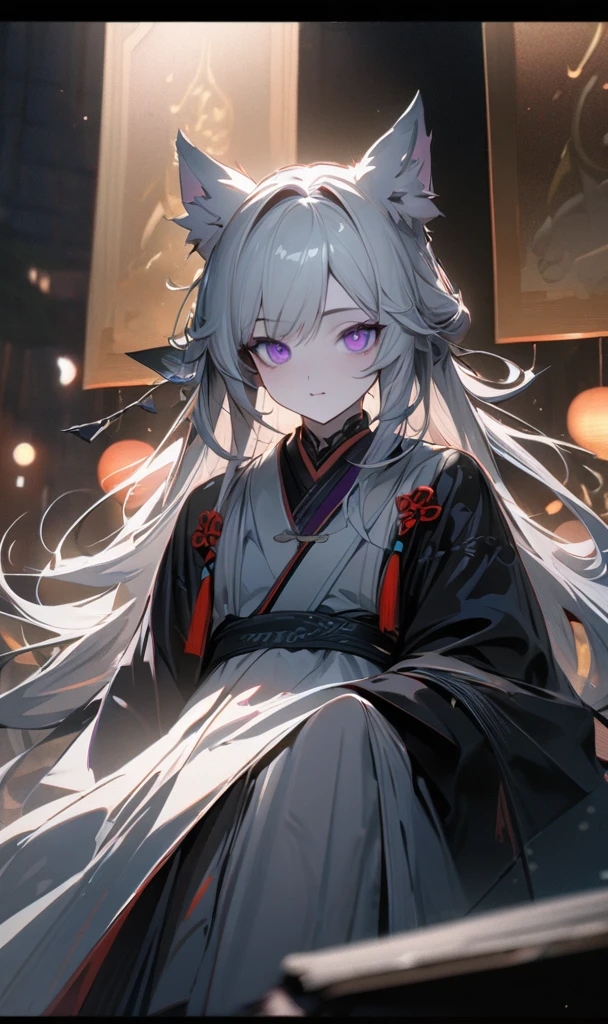 create tian guan ci fub style image 1 men with wolf-like ears, long white hair tied up with a delicate Appearance Asian-style hair Far away Tied 21 years old, pale skin, captivating purple eyes, soft youthful expression mature Wearing white traditional Chinese men's clothing hanfu, central composition, serene contemplative pose, neutral minimalist backdrop, gentle elegance and mysticism, blend of traditional Chinese and supernatural elements, detailed facial features, (best quality,4k,8k,highres,masterpiece:1.2),ultra-detailed,HDR,UHD,studio lighting,ultra-fine painting,sharp focus,physically-based rendering,extreme detail description,professional,vivid colors,bokeh,portraits,fantasy,ethereal,concept art, Do it holding a katana looking forward outdoors