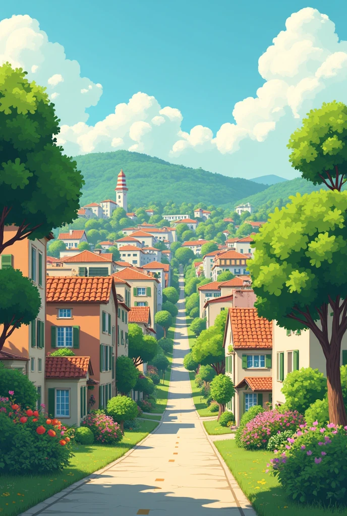 Create an image of my perfect city according to this description: 
 The perfect city must be an environmentally friendly space where eco-neighborhoods are the protagonists.  In this city, Houses and buildings are equipped with solar panels and a rainwater collection system.  The neighborhoods are also full of trees that provide fruit and shade to residents.. 
 
 As for the means of transport, Citizens travel in vehicles that run on renewable energy in order to reduce pollution.

 In addition, It is necessary that it be a city with supportive people, warm, willing and ready to help others.  It is also essential to include laws for the protection of animals.. 

 It would also be nice if the infrastructure and style of the houses were harmonious., with pastel colors and large gardens with trees and flowers.